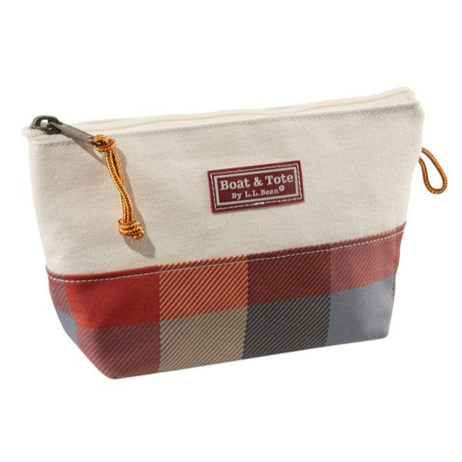 Canvas pouch with plaid design and Boat & Tote label on a white background