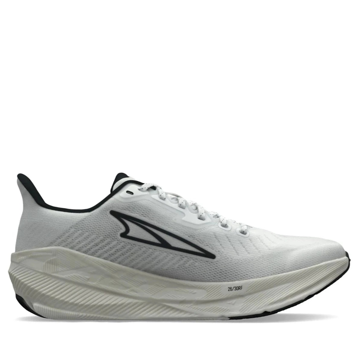 A pair of women's running shoes with a white mesh upper and a black Altra logo, featuring a gray midsole and a black outsole.