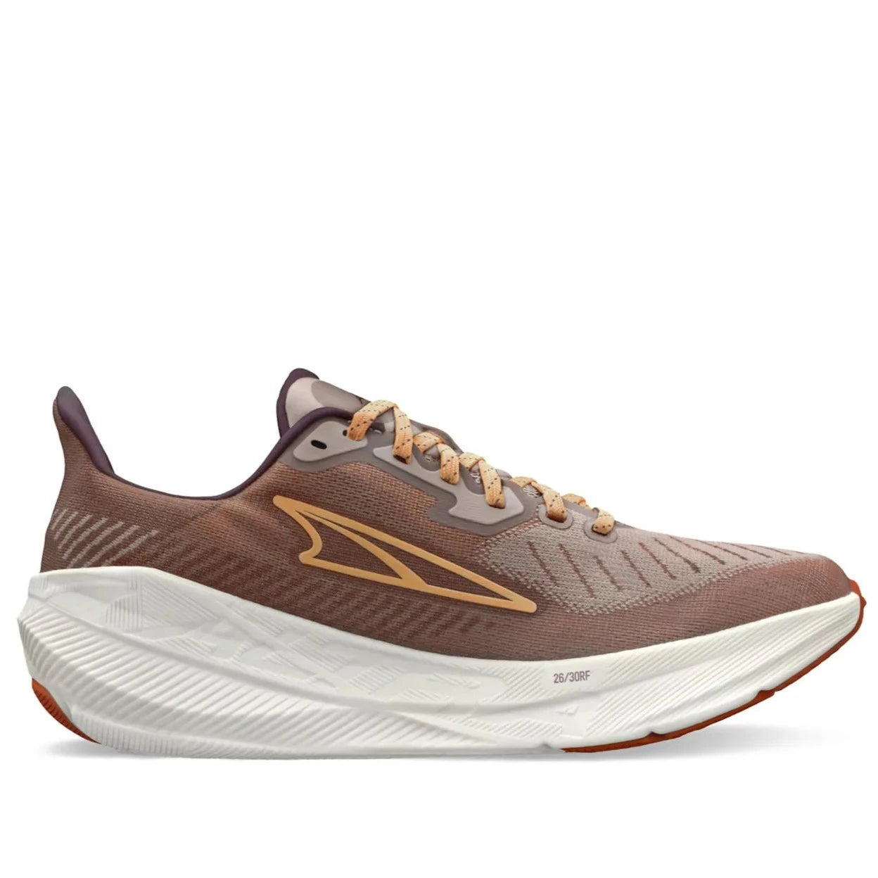 A pair of women's running shoes with a brown upper and white sole, featuring a lace-up closure and a logo on the side.