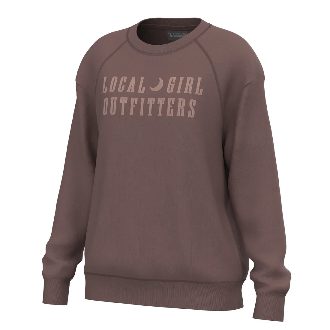 Brown sweatshirt with 'LOCAL GIRL OUTFITTERS' text on a white background