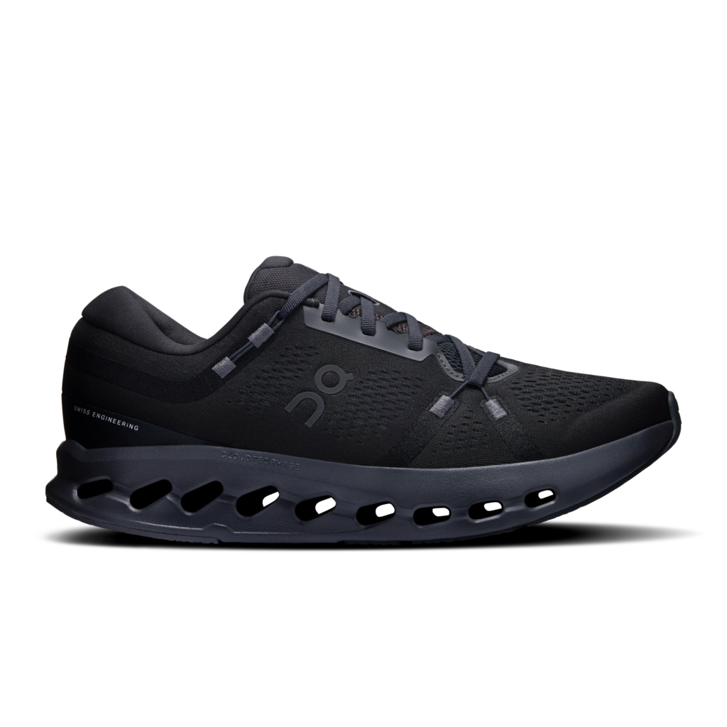 Black running shoe with unique sole design on a white background