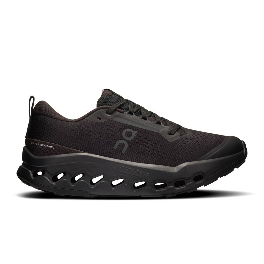 Black running shoe with brand logo on a white background