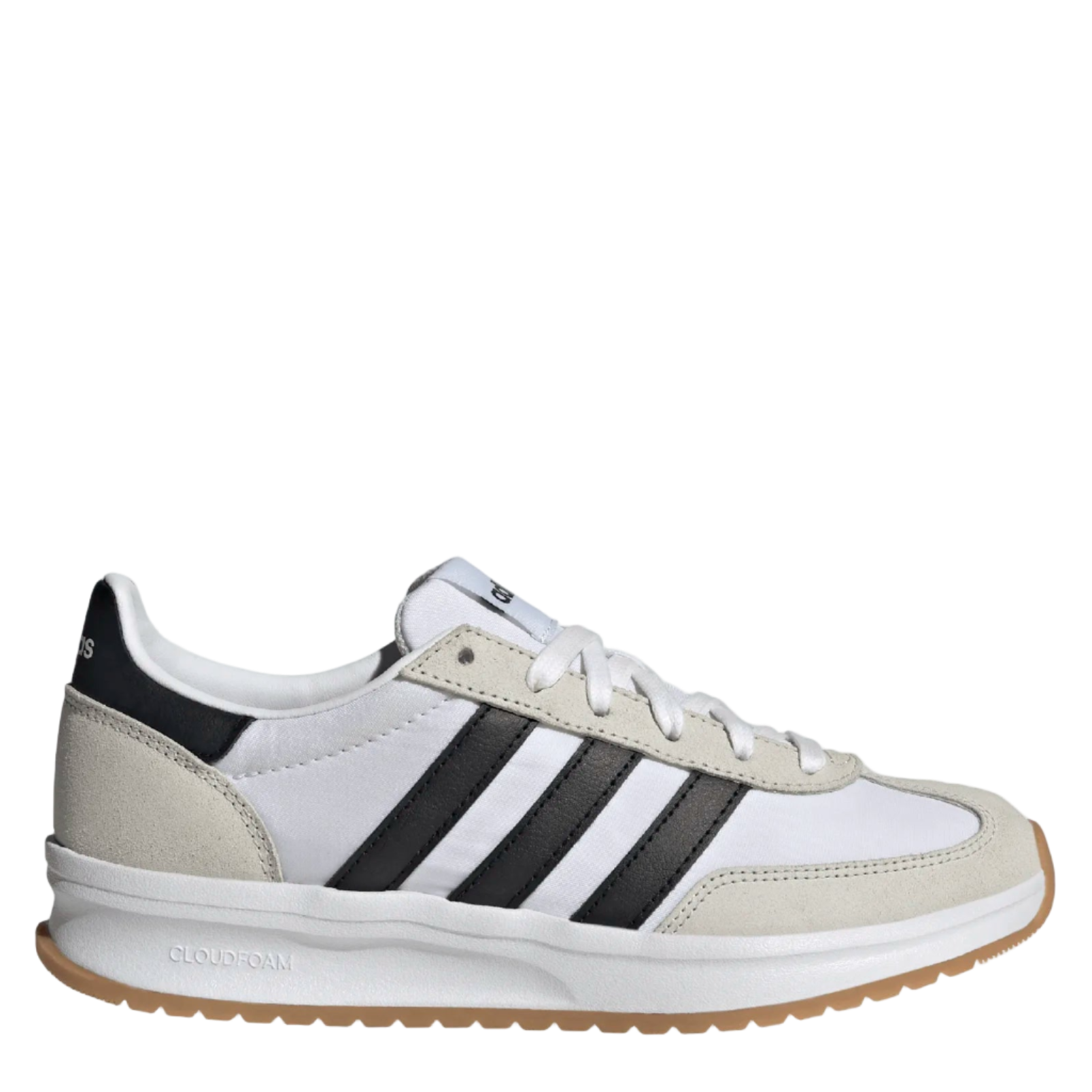 White Adidas sneaker with black stripes on a light gray background