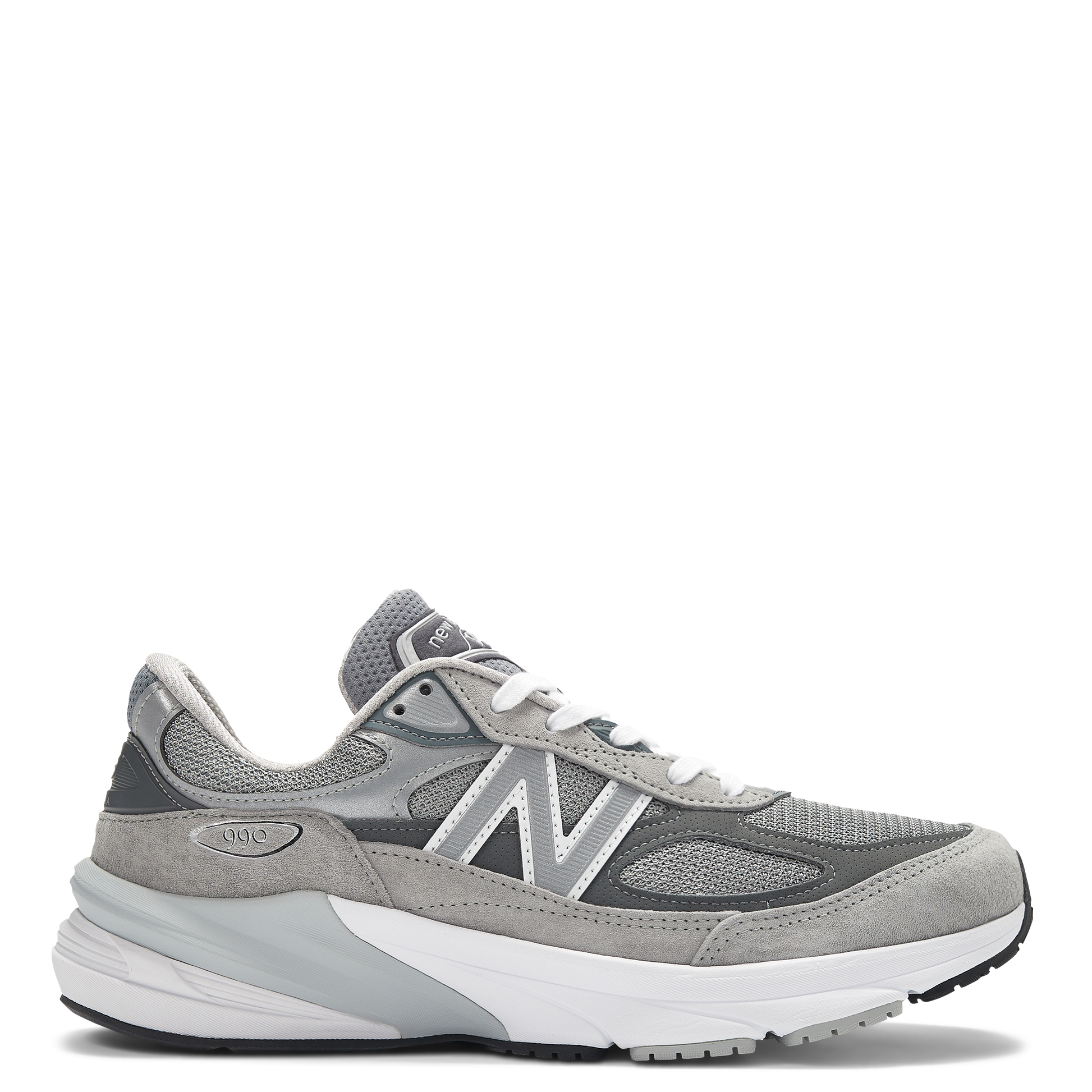 A pair of New Balance women's running shoes with gray and white color scheme, featuring a mesh upper and a thick white sole.