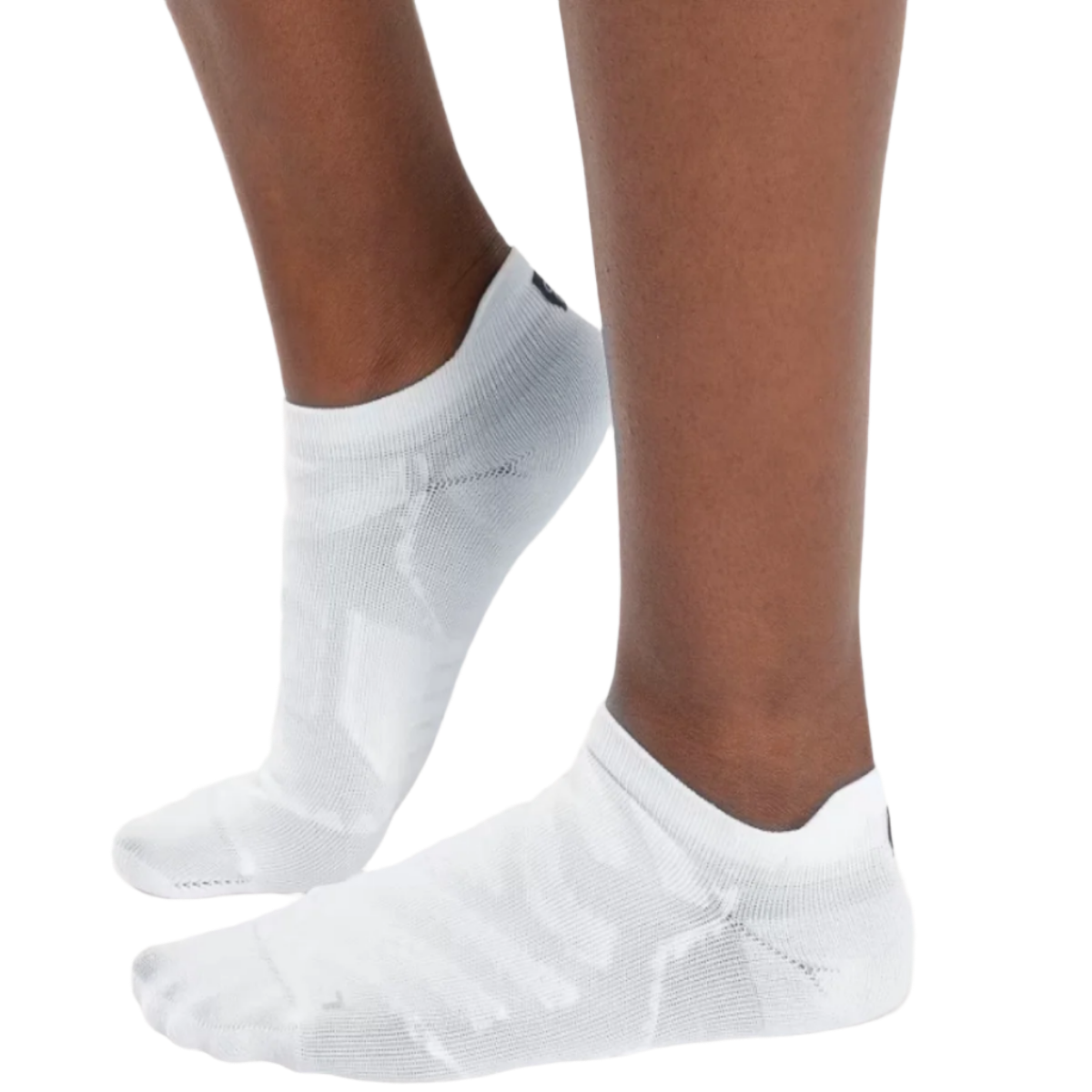 A pair of white, ankle-height women's running socks designed for comfort and performance.