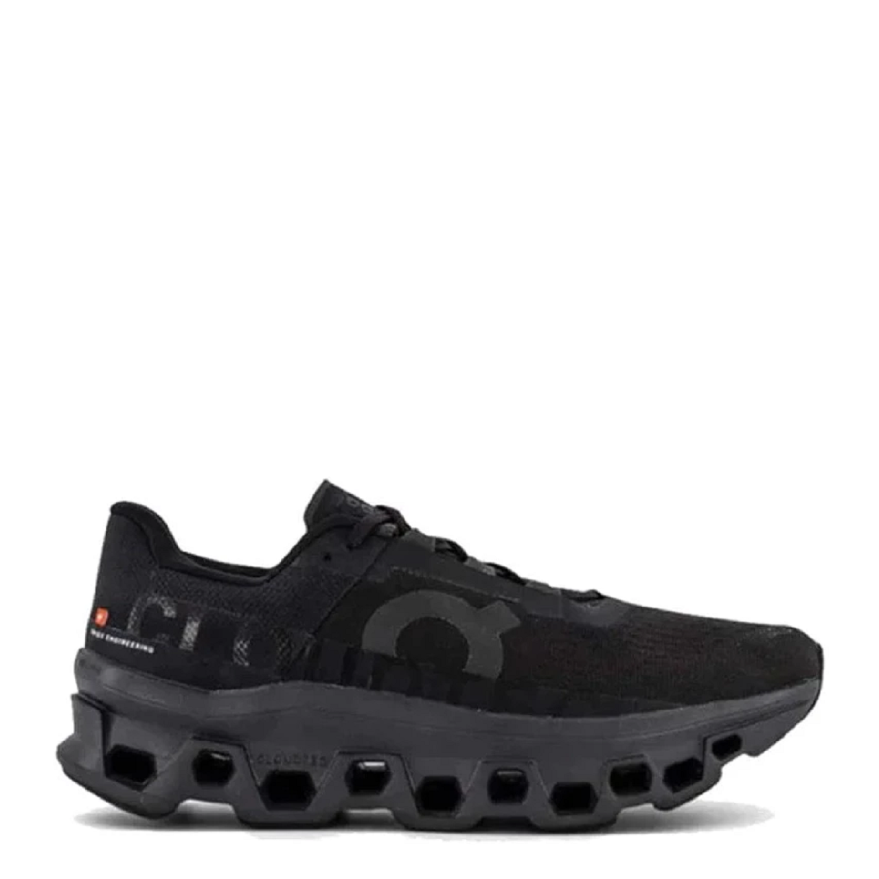 A pair of black men's running shoes with a unique cushioning technology and a distinctive brand logo on the sole.
