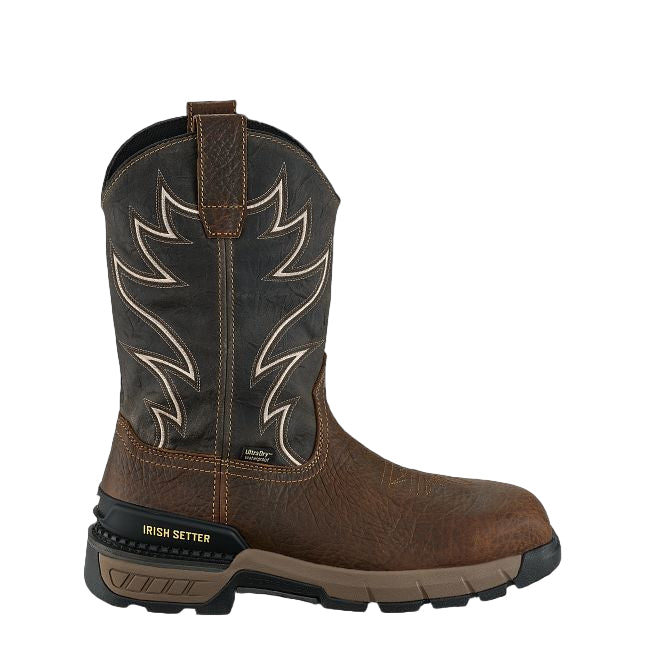 Brown cowboy boot with decorative stitching on a white background