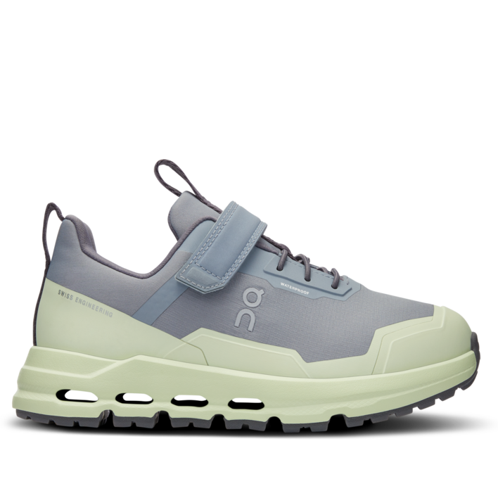 A pair of gray and green Kids Cloudherro waterproof sneakers with lace-up closure and a Missiongrip outsole.