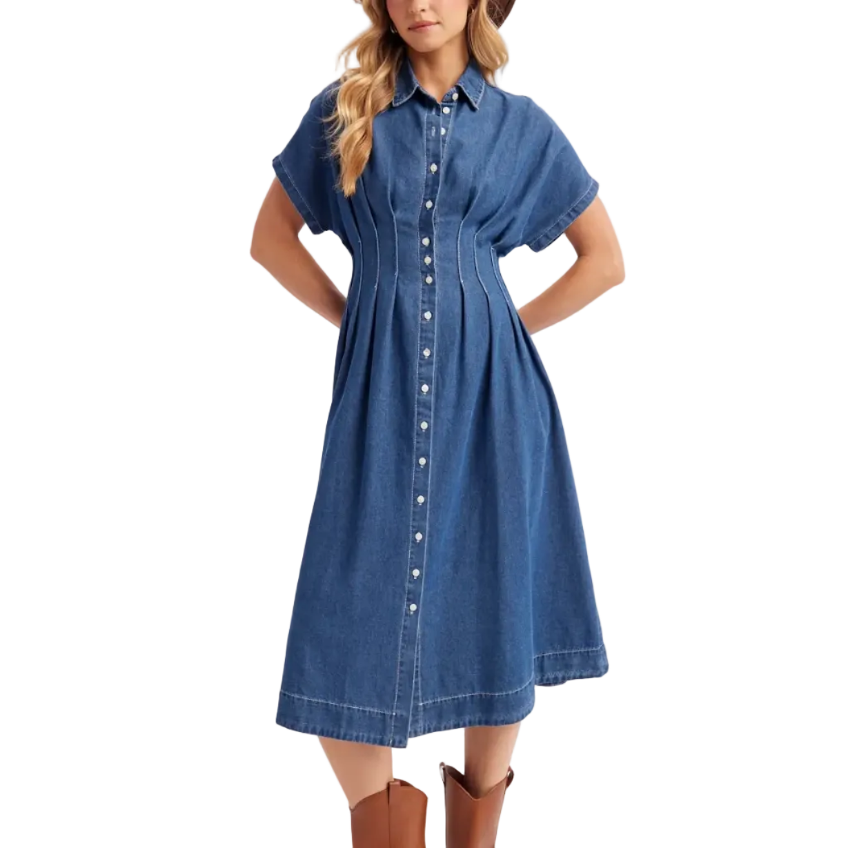 womens denim summer dress Denim Shirt Dress with Pleated Waist Detail