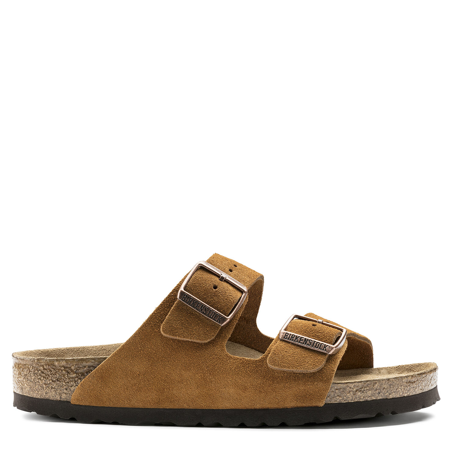 A pair of women's brown suede Birkenstock sandals with adjustable straps and a soft footbed.