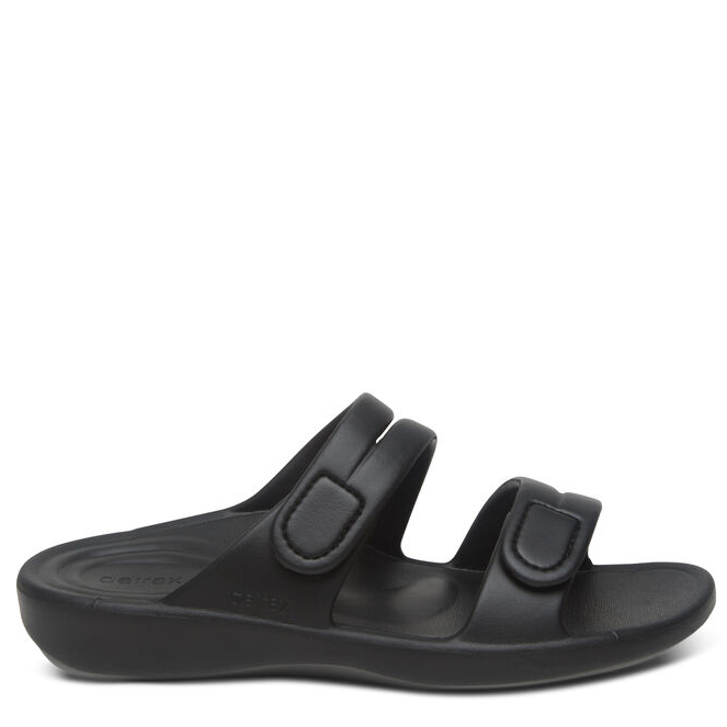 A black women's sport slide sandal with adjustable straps and a contoured footbed.