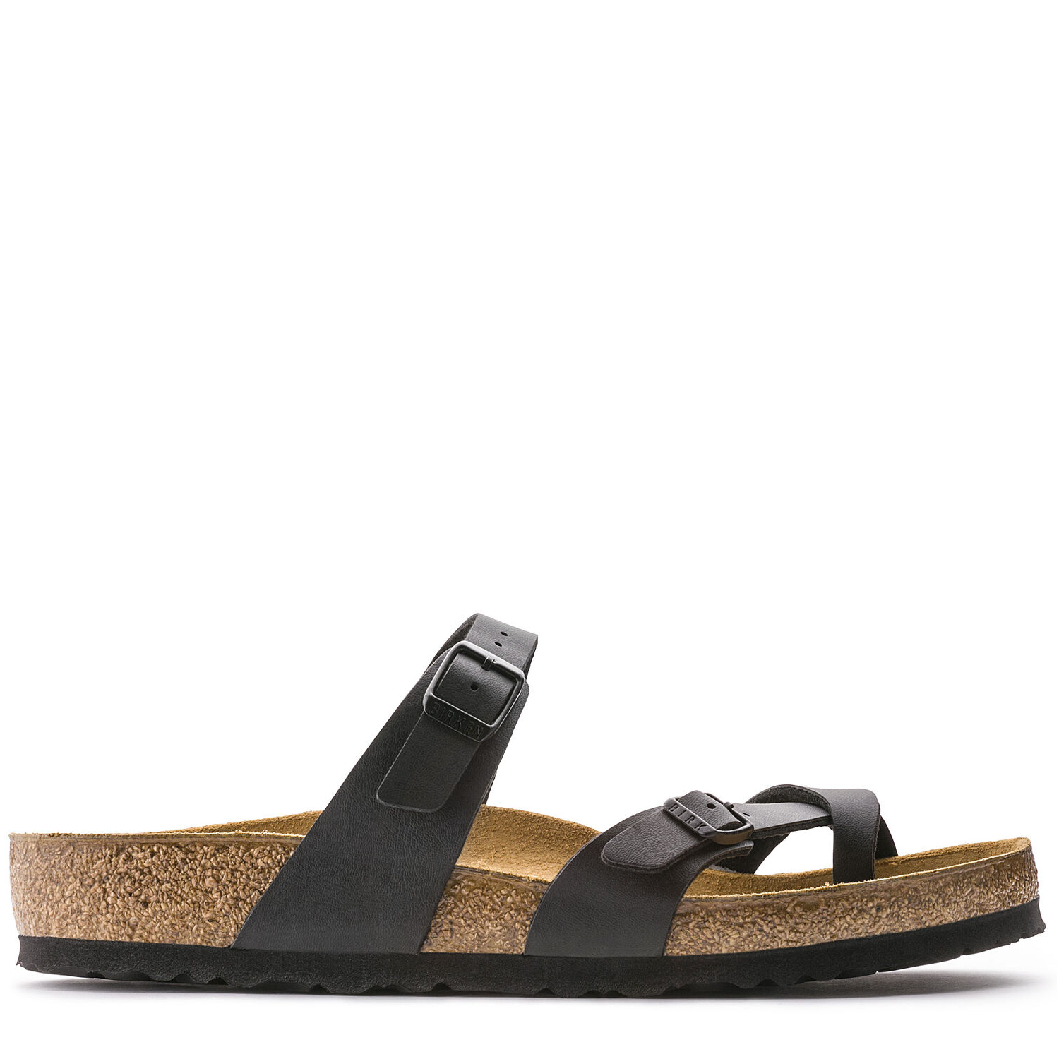 A women's sandal with adjustable straps, contoured cork footbed, and a leather-like finish.