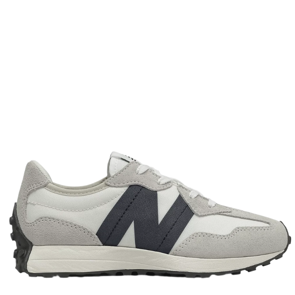 A pair of New Balance kids' running shoes with a gray and beige color scheme, featuring a wedge silhouette and the brand's 'N' logo.