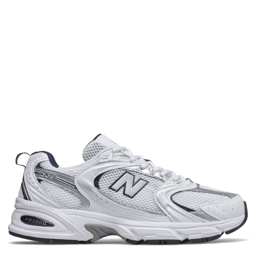 A pair of New Balance 530 white and blue running shoes with a mesh and synthetic overlay upper design and a segmented ABZORB midsole.