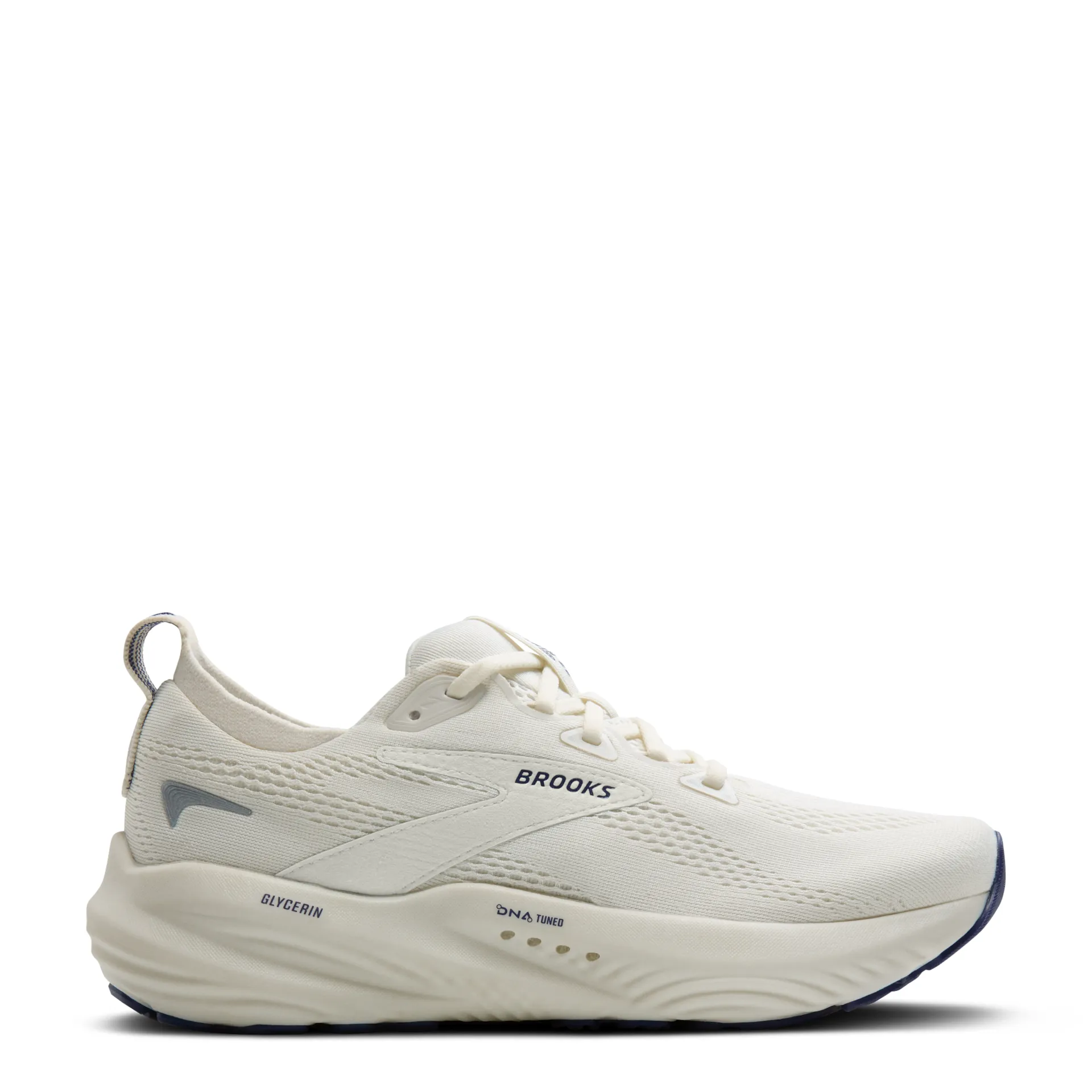 A pair of white Brooks women's running shoes with lace-up closure and cushioned soles.