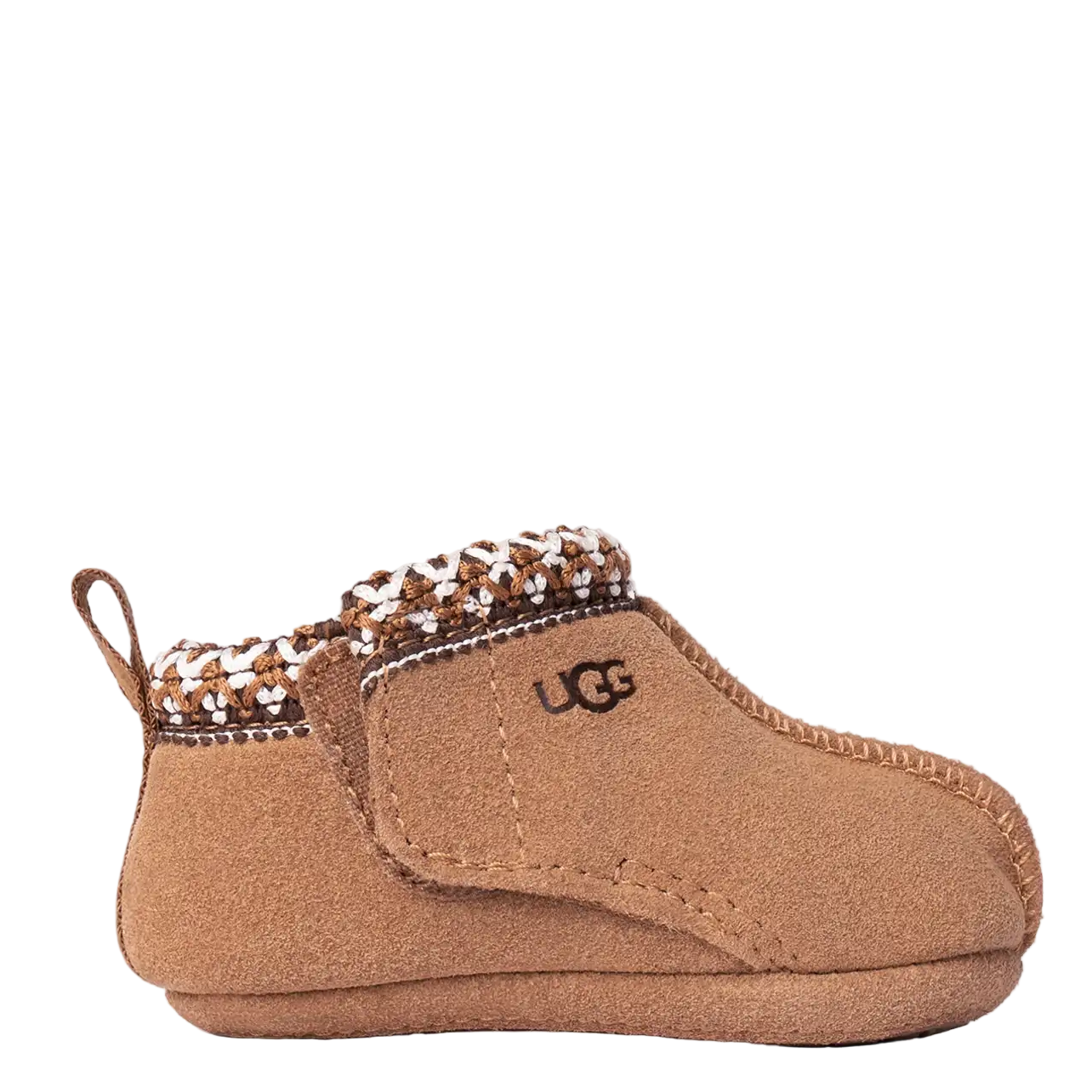 Brown UGG baby bootie with checkered trim on a white background