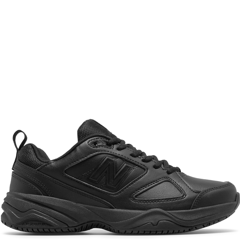 A black New Balance women's work shoe with a leather upper and a non-marking outsole.