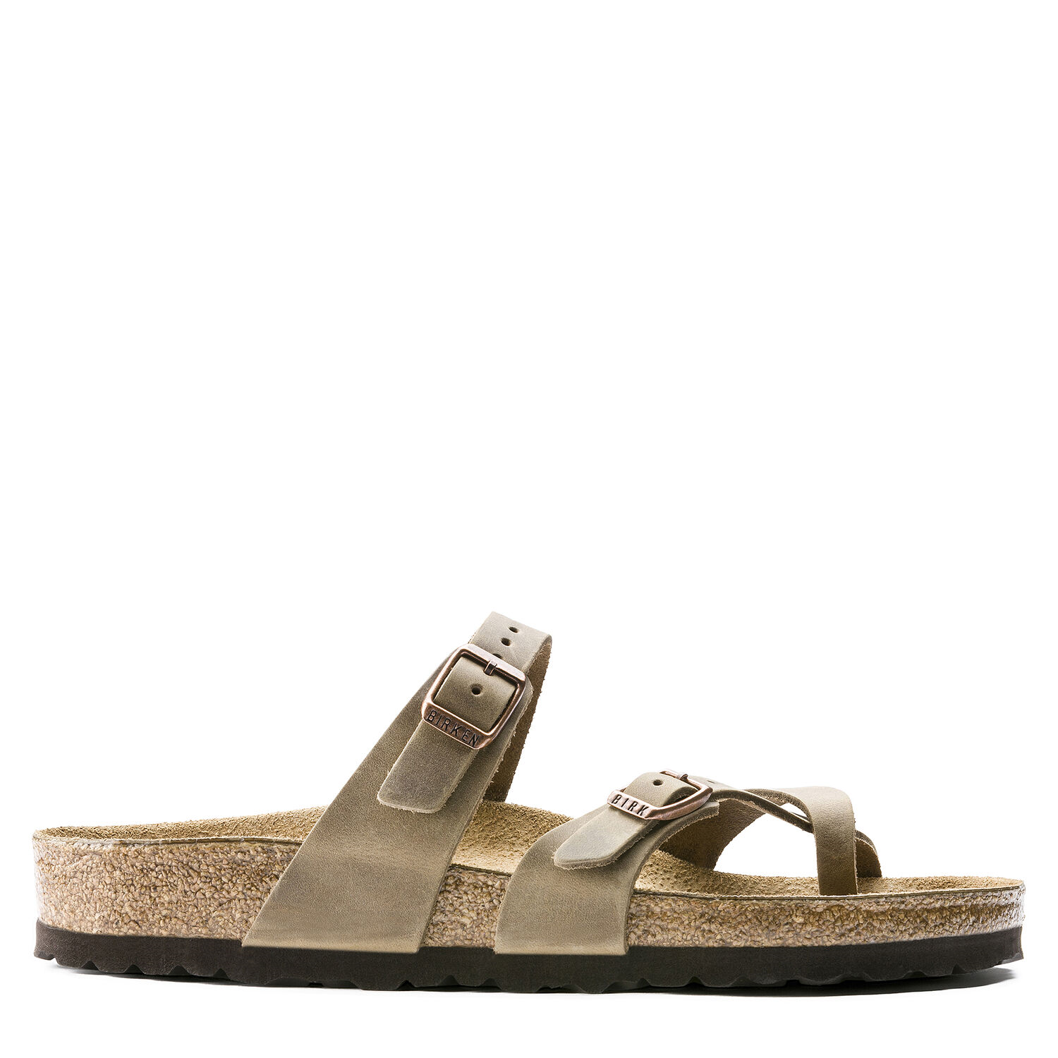 A women's thong sandal with oiled nubuck leather upper in beige color, featuring a classic Birkenstock footbed and adjustable straps with a buckle closure.