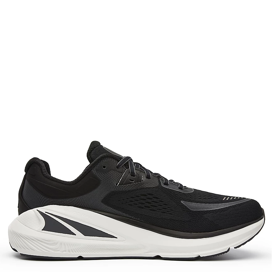 A pair of men's Altra Paradigm 7 running shoes in black color with white midsole and mesh upper.