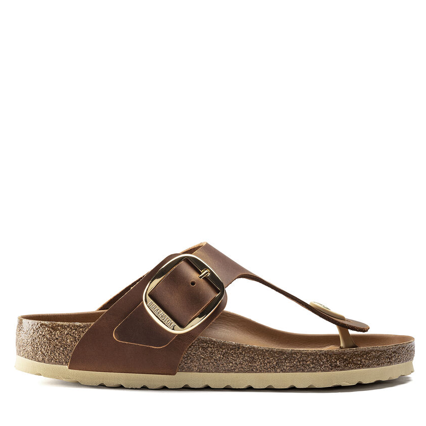 A brown women's thong sandal with a buckle-upon-request feature and an open-selvage finish on the upper.