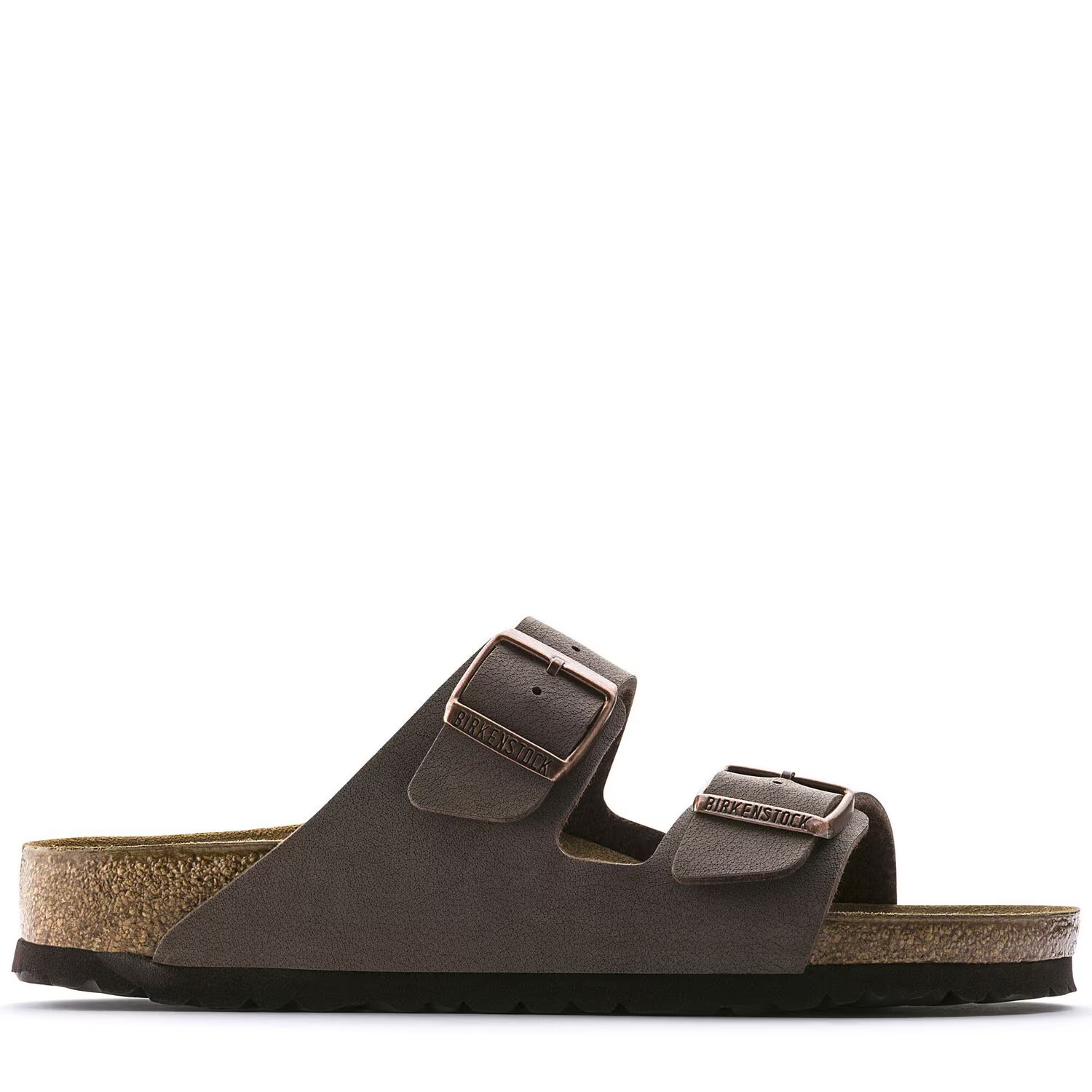 A pair of brown Birkenstock Arizona sandals for women with a contoured cork-latex footbed and two adjustable straps.