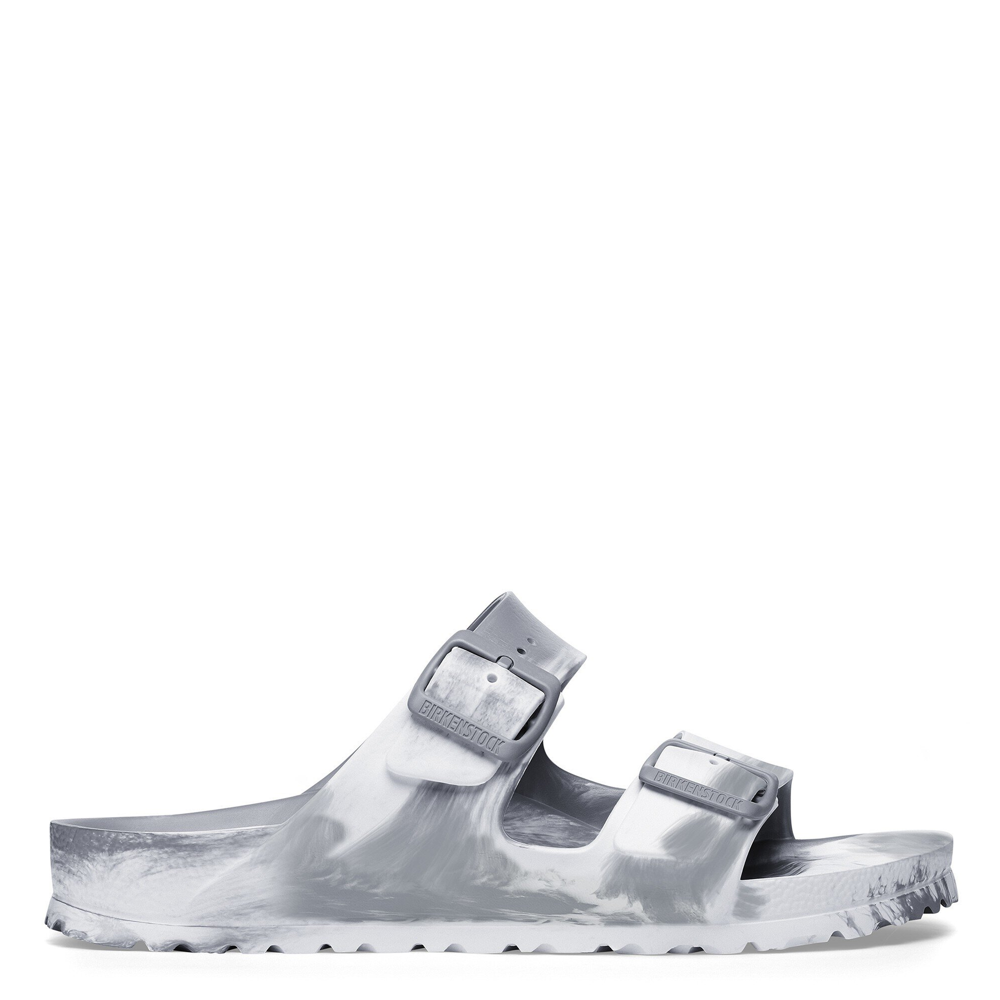 A pair of silver Birkenstock Arizona EVA sandals with adjustable straps and a contoured footbed.