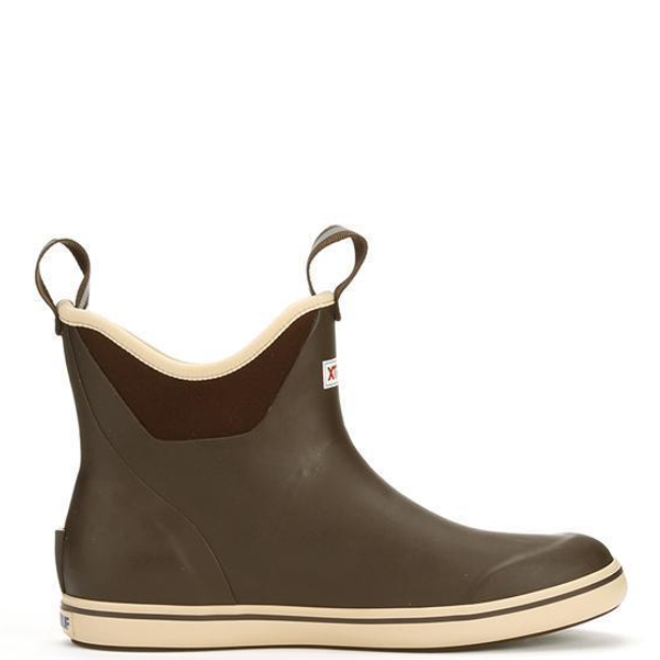 A brown XTRATUF men's ankle deck boot with a brown sole and a label on the upper side.