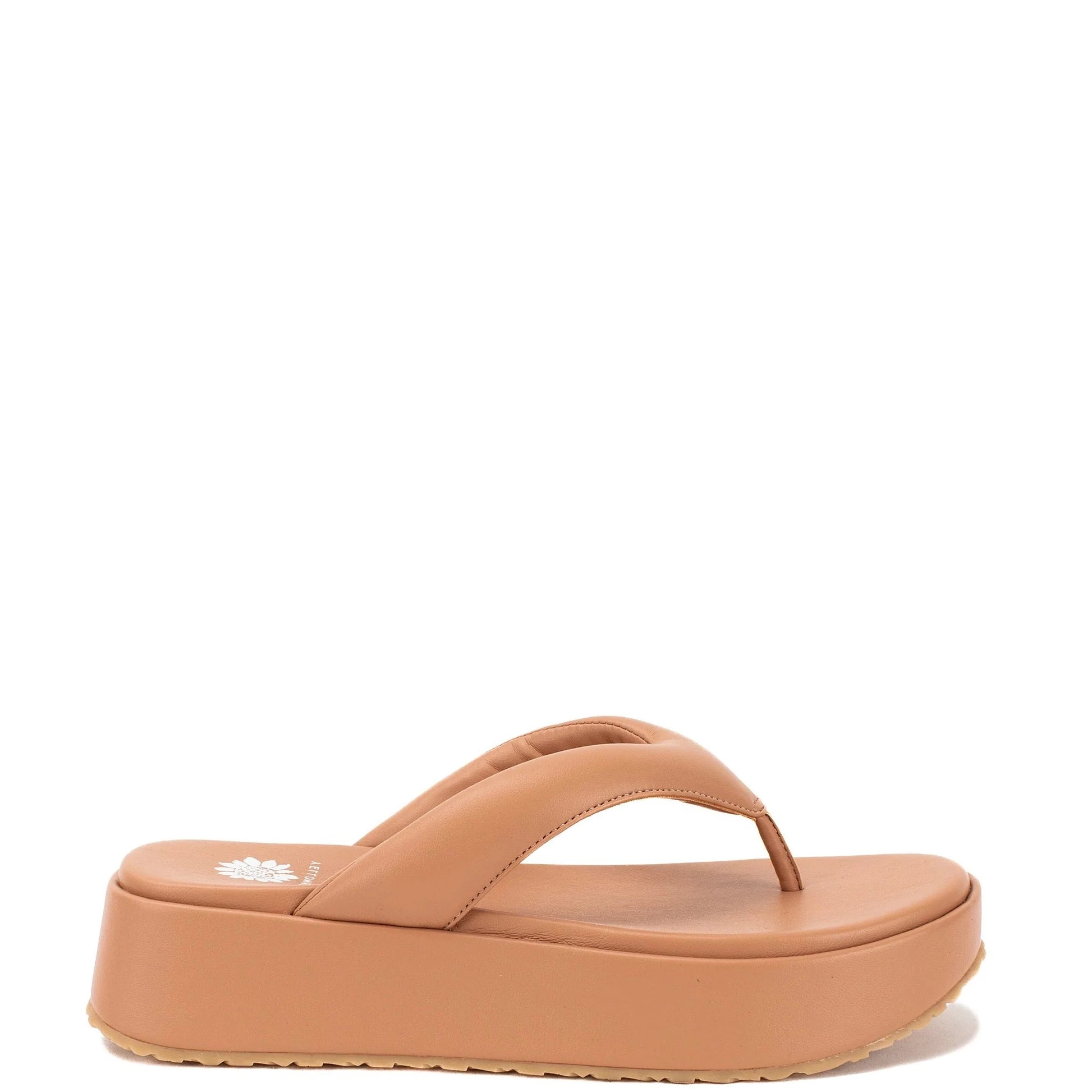 A pair of women's ASBURY flatform sandals in beige color with a synthetic upper and a flat rubber outsole.