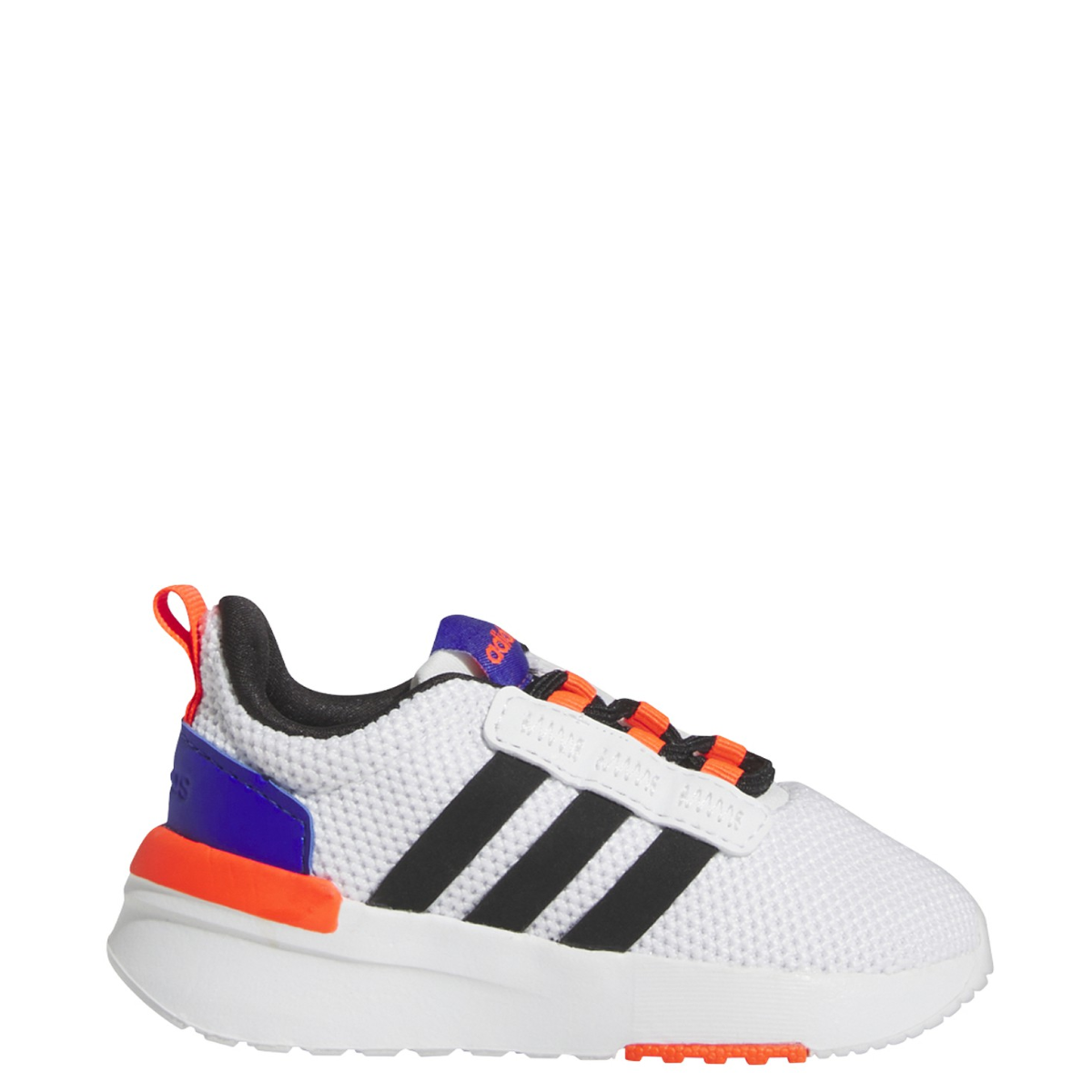 A pair of white adidas toddler racing shoes with orange and purple accents and elastic laces.