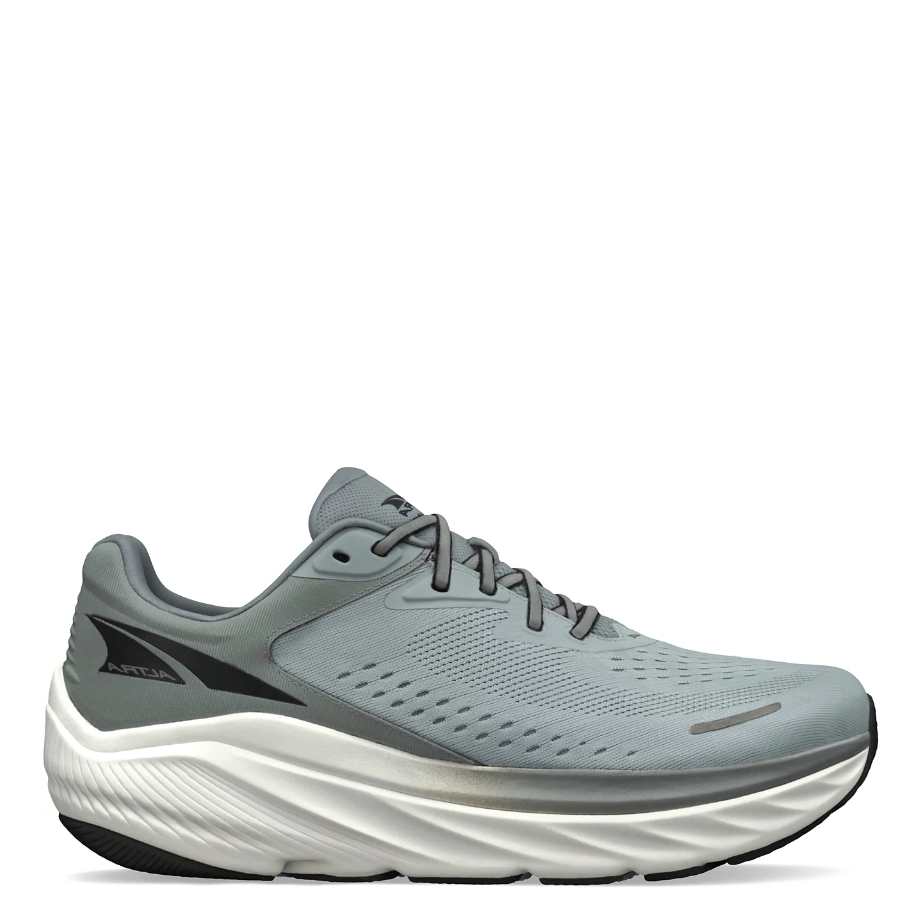 A pair of gray Altra men's running shoes with a thick sole and lace-up closure.