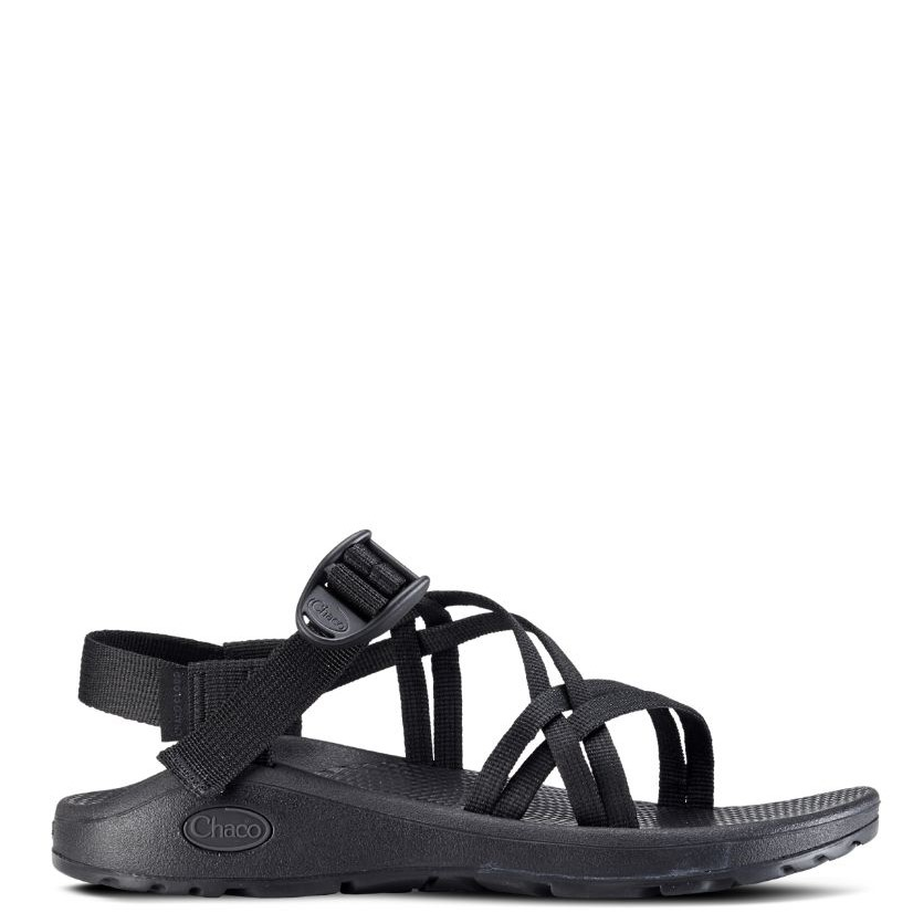A pair of black Chaco sandals with adjustable double-strap system and a PU upper.