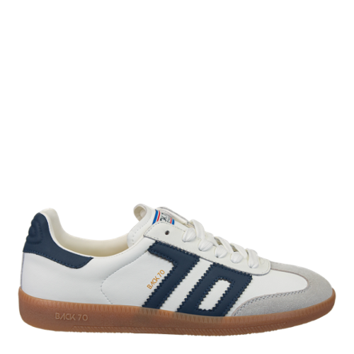 A pair of women's sneakers with a white leather upper, blue accents, and a lace-up closure.
