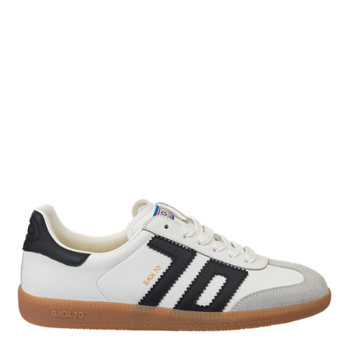 A pair of women's sneakers with a white leather upper, black color blocks, and the number 70 on the side.