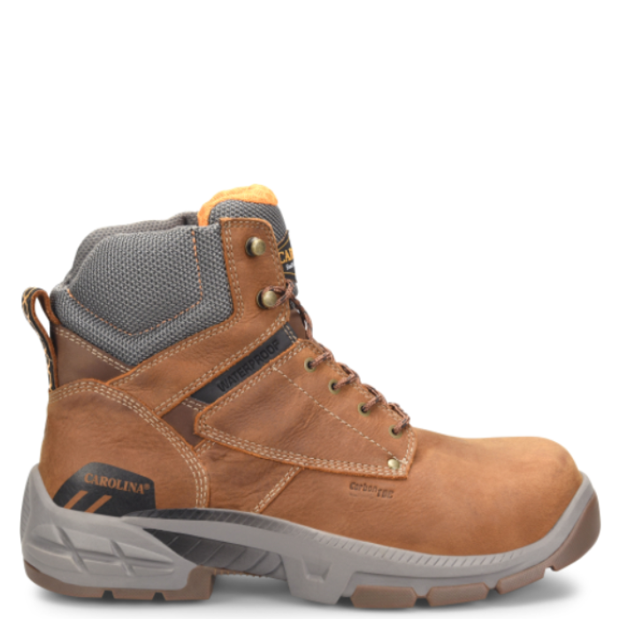 A brown leather men's boot with a carbon composite safety toe cap and a mesh lining, featuring a removable foam footbed and a rubber outsole.