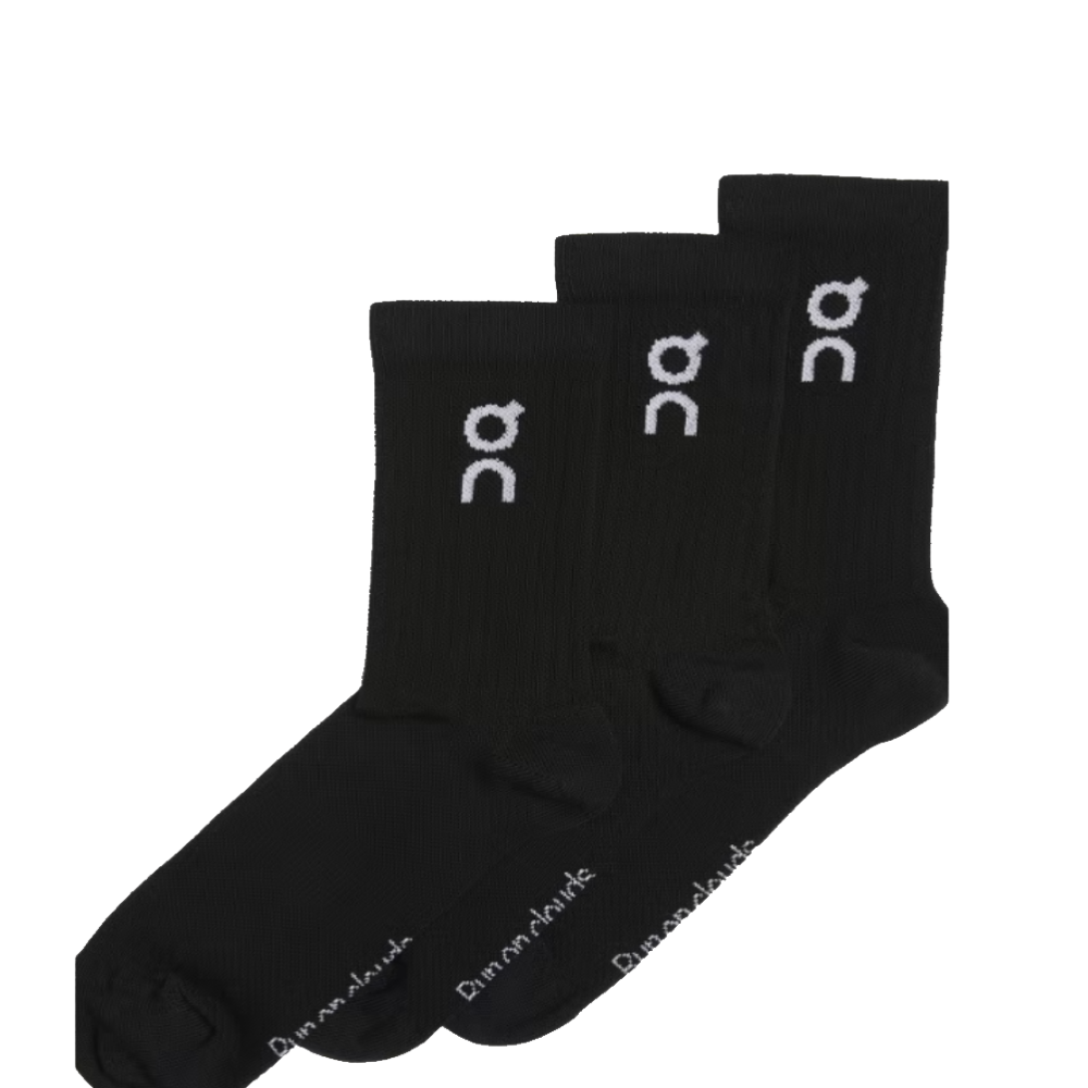 Black crew socks with white ON Running Logo on a white background