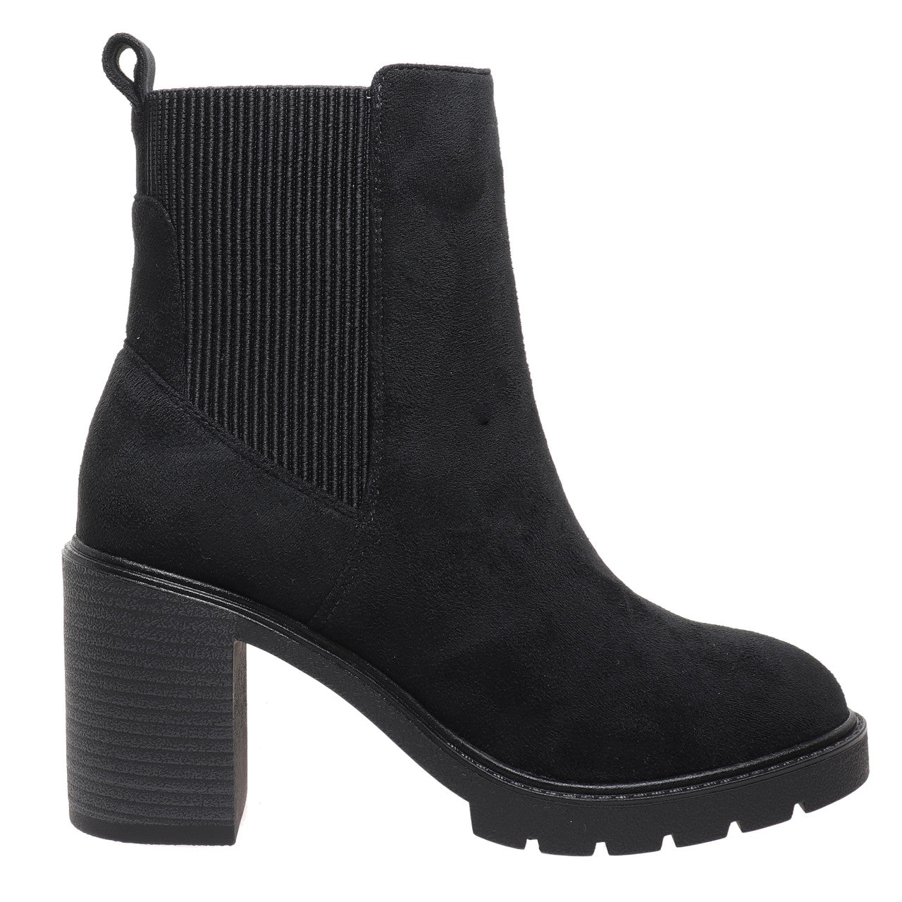 Black ankle boot with block heel on a white background