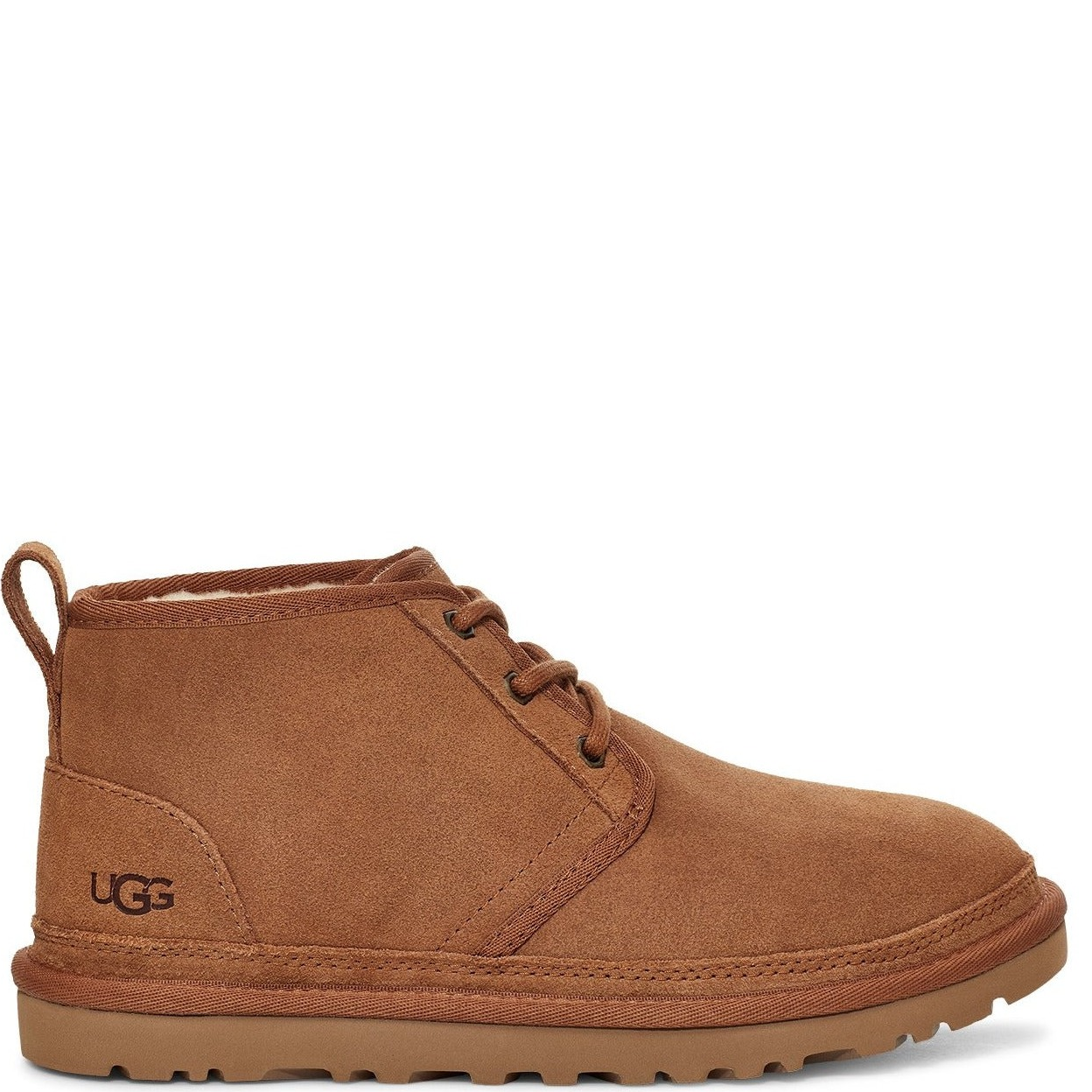 A women's brown suede UGG chukka boot with a rear pull tab and a Treadlite by UGG sole.