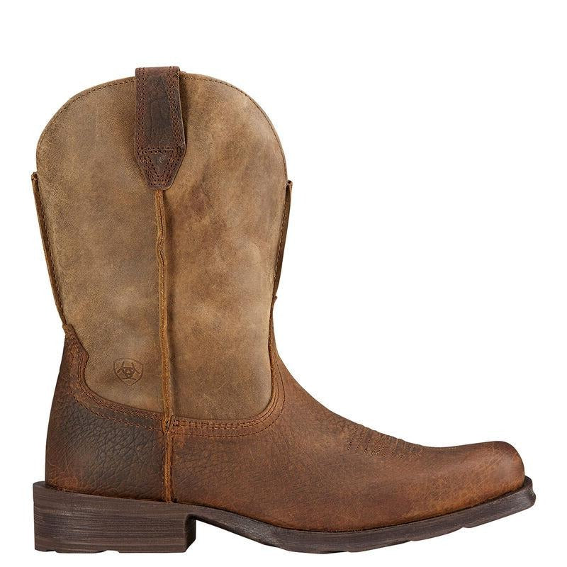 A brown men's square toe rambler boot with a distressed leather upper and outsole.