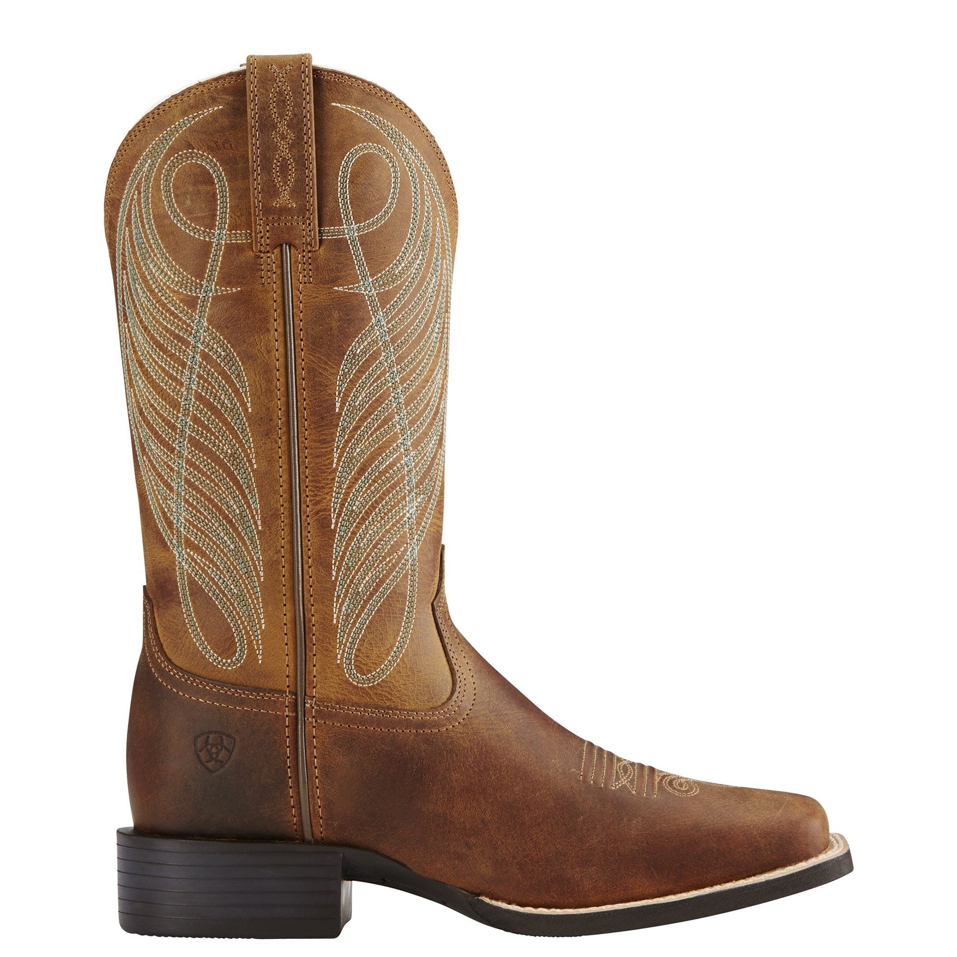 A brown women's round-toed western boot with a square heel, featuring a breathable mesh lining and a leather upper.
