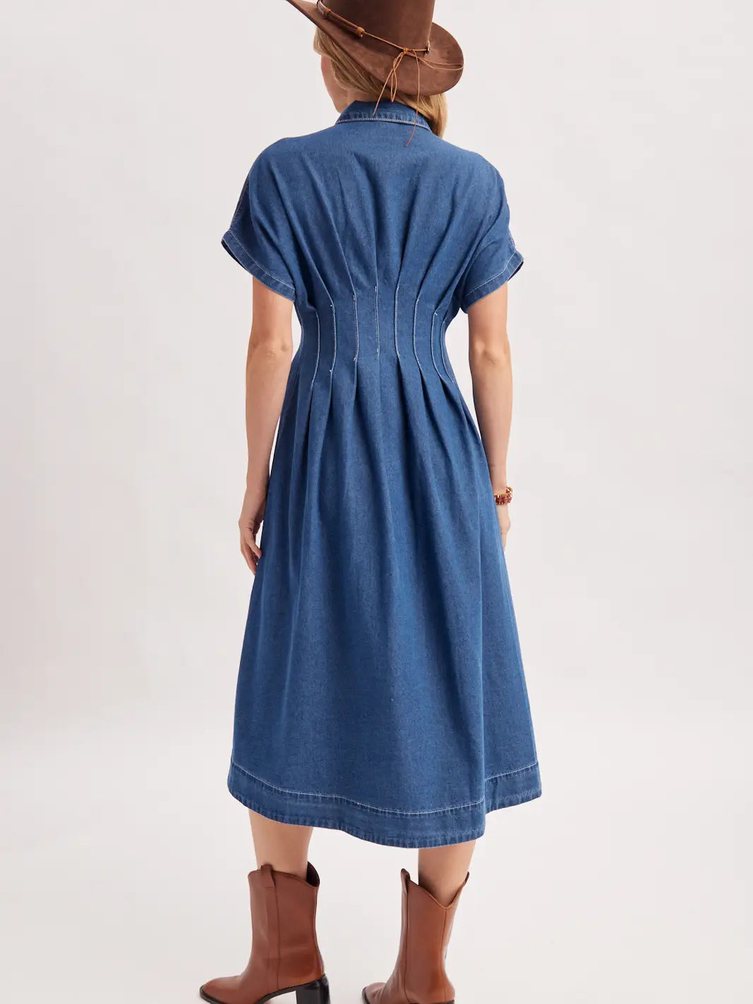 denim pleated dress Supima Pleated Denim Dress With Sculpted Bodice