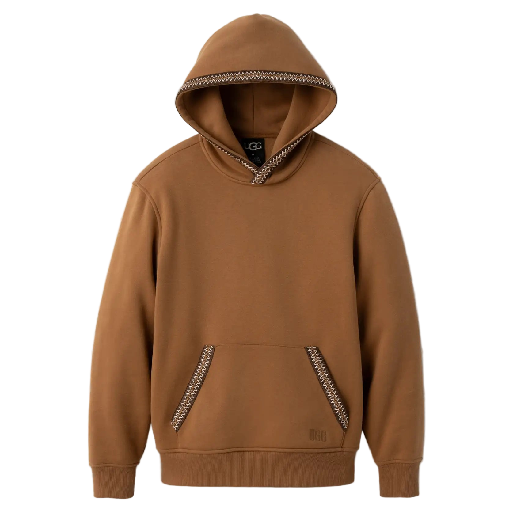 Brown hoodie with decorative trim on a white background