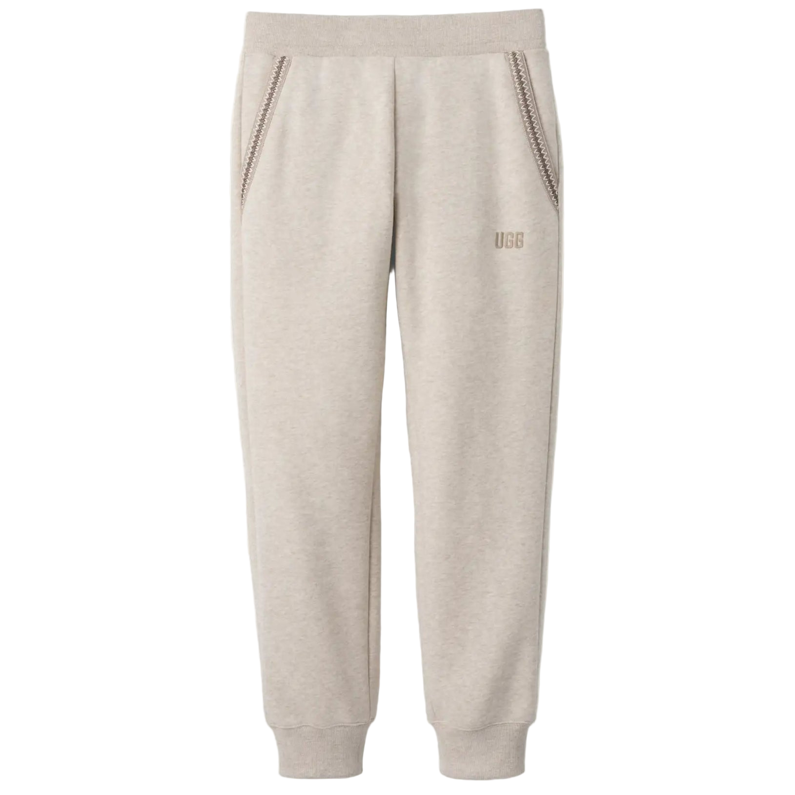 Beige sweatpants with a brand logo on a white background