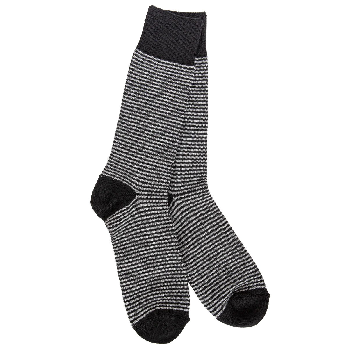 A pair of crew socks with thin horizontal black and white stripes, featuring solid black heels, toes, and ribbed cuffs, displayed against a plain white background.