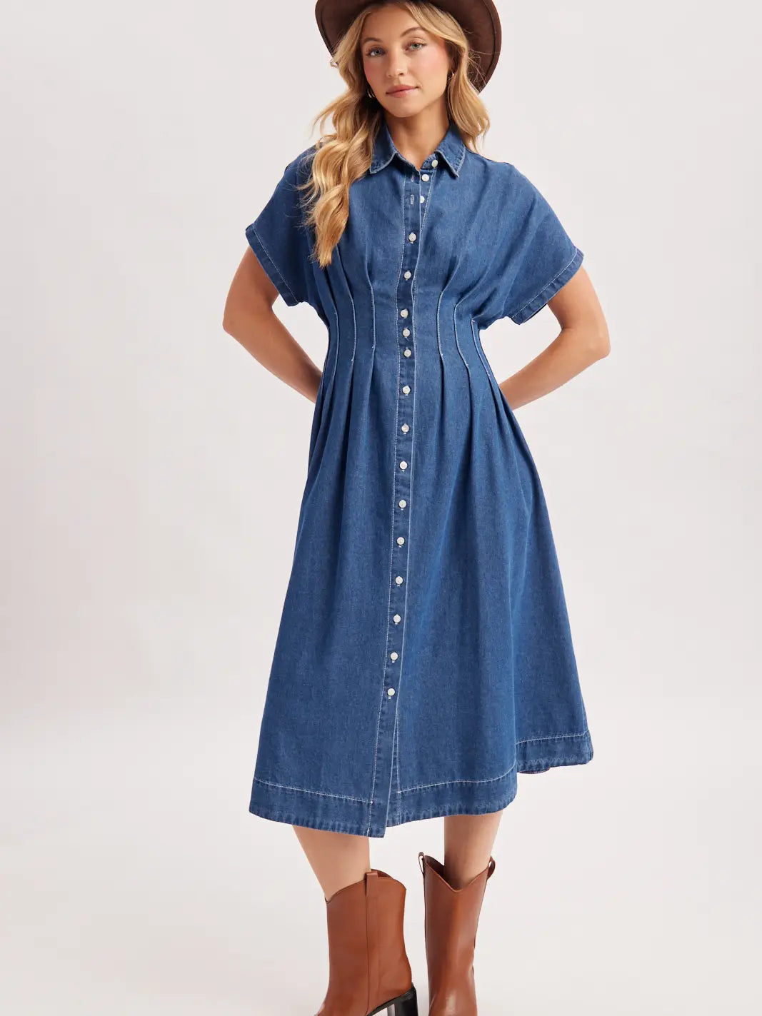 midi denim shirt dress womens Women's Pleated Waist Medium Wash / L Rococo Black Ball Gown maxi dresses uk Featuring a denim button SIZE:6 US - 25 MX