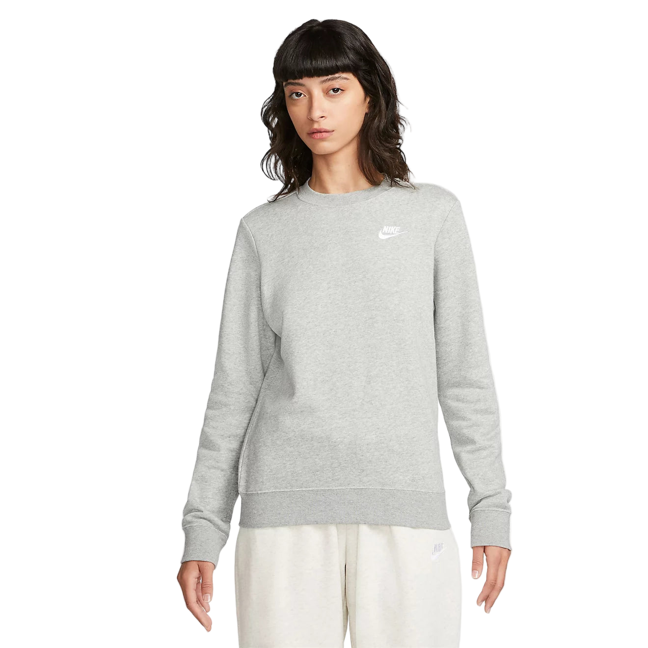 Woman wearing a gray Nike sweatshirt on a white background