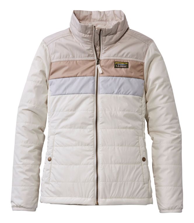 Beige and brown quilted jacket with a brand logo on a white background