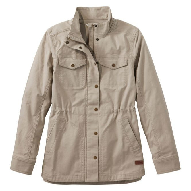 Beige jacket with button details on a white background