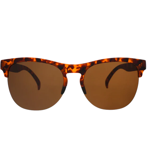 Sunglasses with tortoiseshell frame and brown lenses on a white background