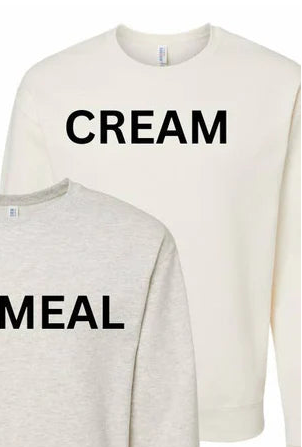 Collection of sweatshirts in various colors with size labels and a size chart below.