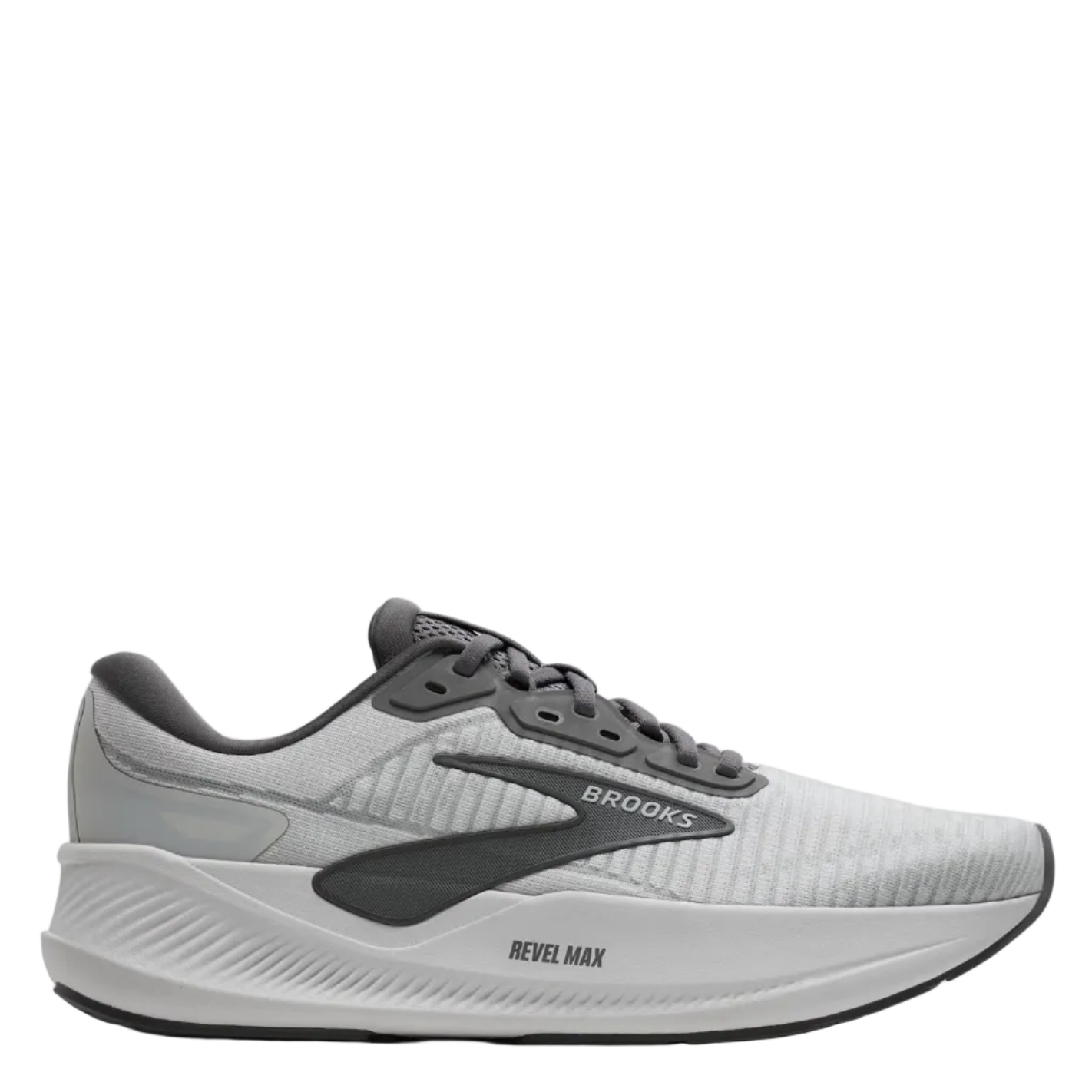 Gray running shoe with black accents on a white background